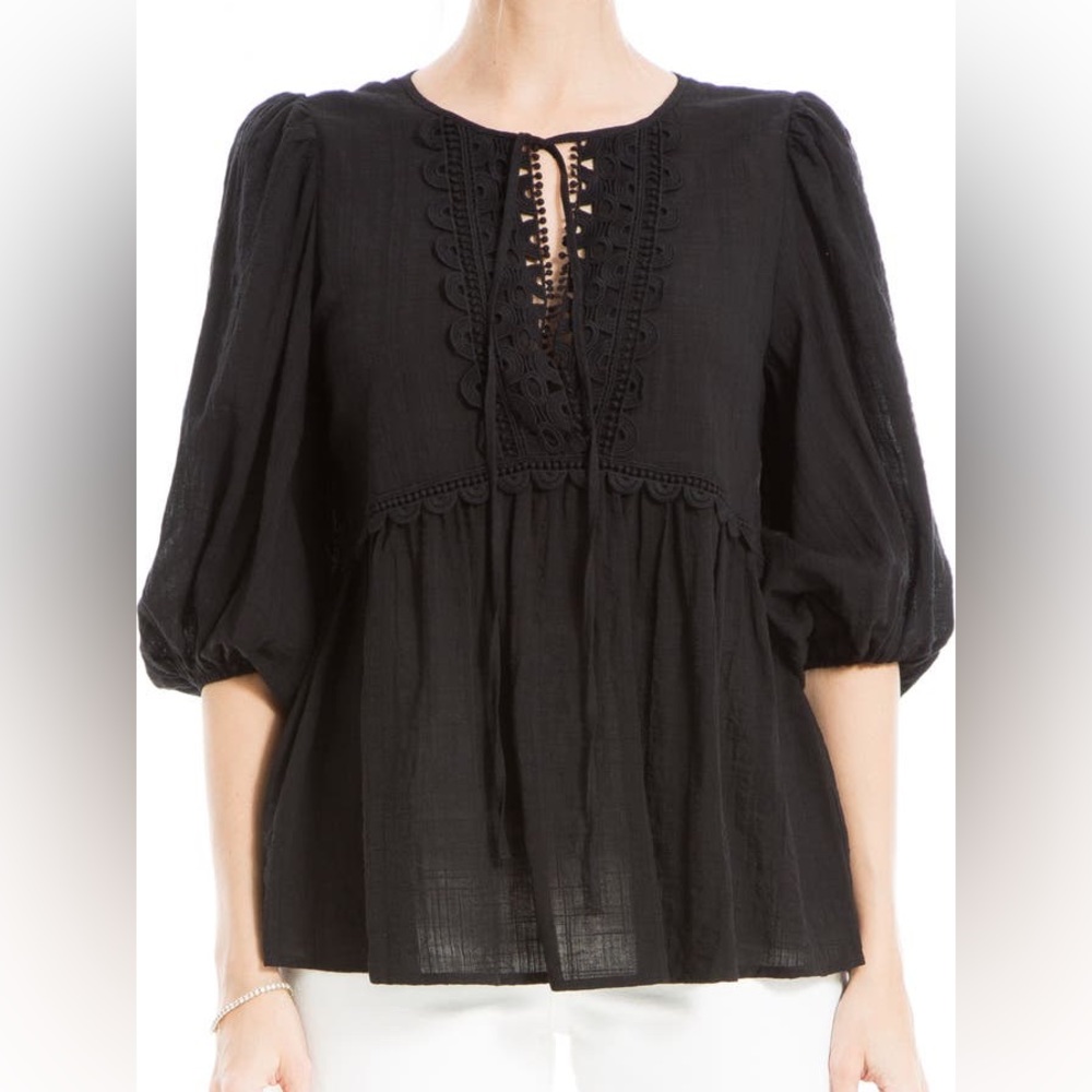 NWT Max Studio Black Lace Trim 3/4 sleeve blouse, size medium